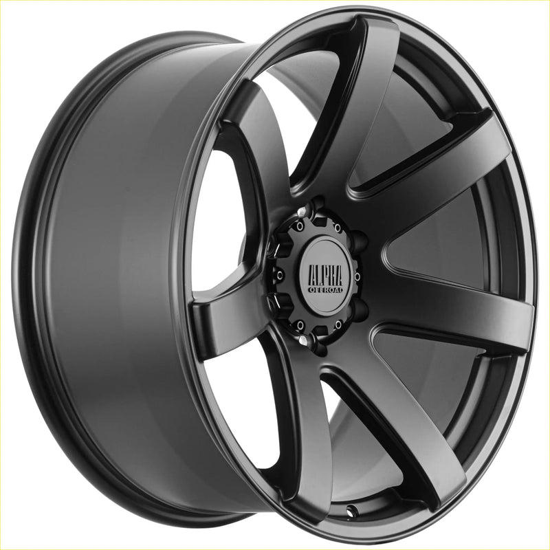 Black matte-finished alloy wheel with five-spoke design and alpha gt-road center cap from alpha gauntlet 2 series