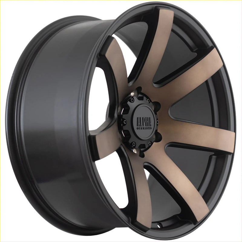 Black and bronze two-tone alloy wheel with multi-spoke design and alpha brand center cap from alpha gauntlet 2 series