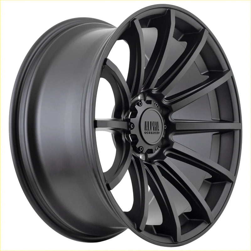Black matte finish alloy wheel alpha machete with multi spoke design and alpha one branding at center