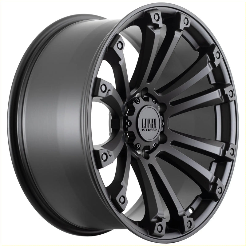 Black matte alpha maverick 014r2 wheel with rugged multi-spoke design in 20 +30 6114 finish