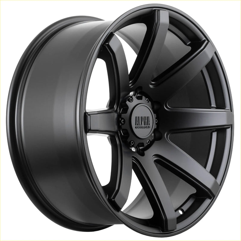 Black matte-finished alpha nomad 20 30 6114 alloy wheel with bold multi-spoke design and alpha one logo center