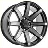Black and silver two tone alloy wheel with multi spoke design and alpha outroad logo for alpha nomad matt black dark grey tint