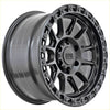 Dark gray matte finished alloy wheel with rugged multi spoke design and alpha off road logo alpha podium matt black