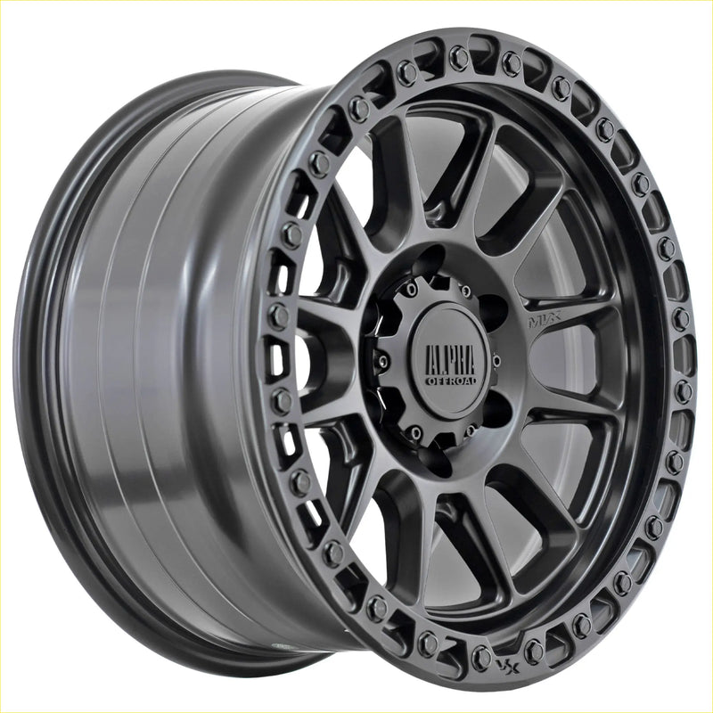 Dark gray matte finished alpha podium alloy wheel with rugged multi spoke design and alpha off road logo center