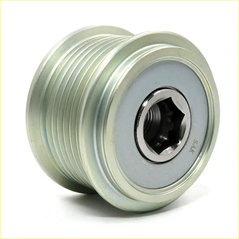 Silver aluminum alternator clutch pulley with hexagonal bore and ribbed surface for toyota hilux 2005-2015