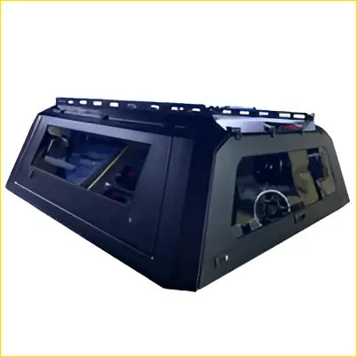 Black plastic roof rack with integrated storage compartments and central control knob on aluminium tub canopy fit for isuzu dmax and ford ranger