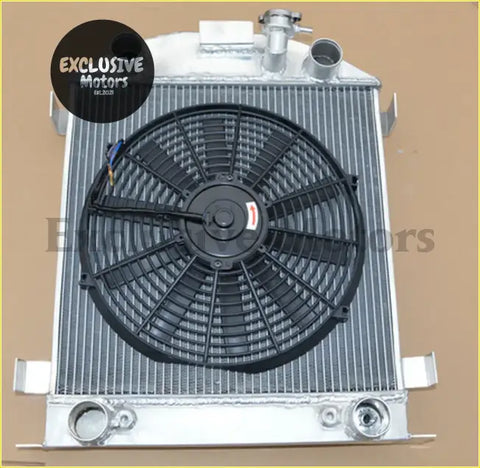 Silver aluminum radiator with black fan mounted on front for 1928-1929 ford model car cooling system