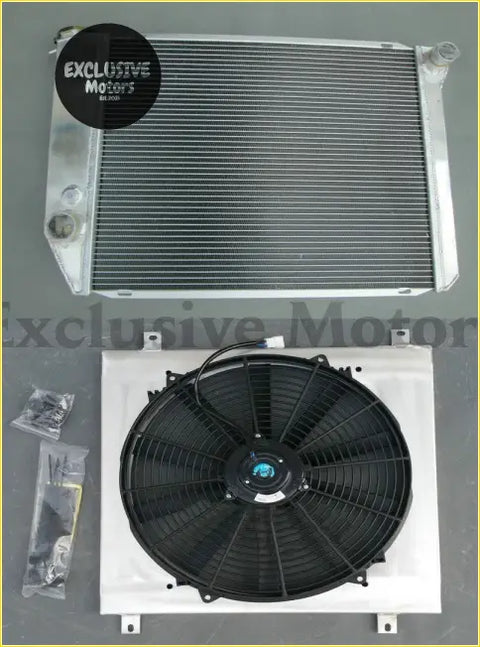 Silver aluminum radiator with black fan and mounting hardware for 1972-1984 ford falcon xa and similar models