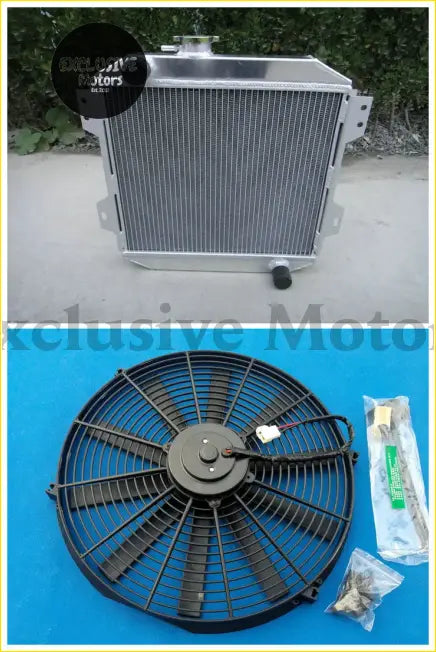Silver aluminum radiator with black fan and mounting hardware for ford capri and escort models from 1978 and up