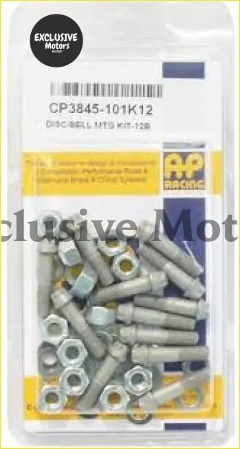 Ap racing brake bolt kit cp3845-101k12 with metallic silver bolts and nuts in clear plastic packaging