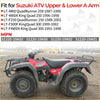 Red and black suzuki atv with rugged tires and rear cargo rack shown from the back for ball joint kit fitment