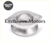 Shiny silver billet aluminium adapter flange for 50mm blow off valve with circular opening and rectangular slots