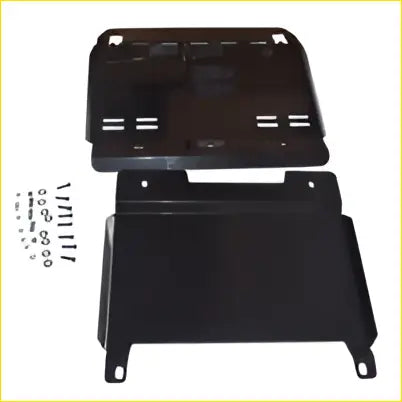 Black metal car battery tray with mounting hardware for toyota landcruiser bash plate sump guard set back view