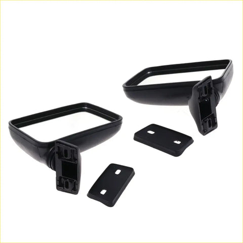 Black plastic side mirror assemblies with mounting brackets shown from the back for isuzu bedford kb 1972-1988