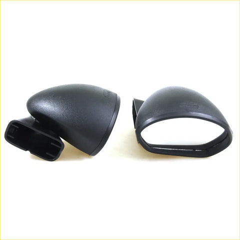 Black plastic door mirror covers for Mazda Luce 929 showing reflective surface and back with mounting bracket