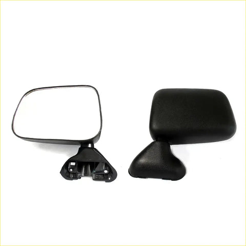 Black plastic side view mirror assembly with rectangular reflective surface for Toyota Hilux 1988 to 1997 door use
