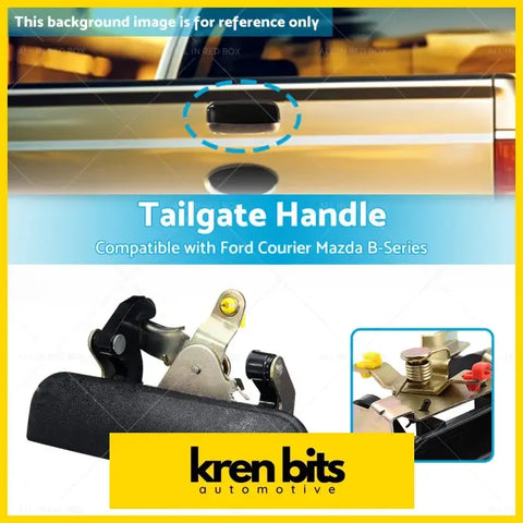 Black plastic tailgate handle with metallic mechanism for ford courier and mazda b-series vehicles back side view