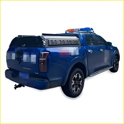 Back view of a blue police pickup with a black steel canopy roof rack fit for toyota hilux 2006 and gwm cannon 2020