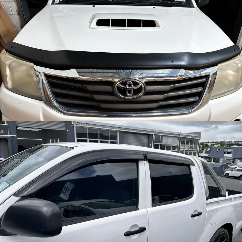 Black plastic front bumper cover and side window visors for white toyota hilux 2012-2015 bonnet guard matte black