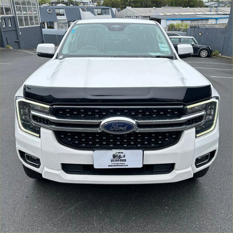 White ford ranger pickup with black bonnet guard protector stone guard and chrome grille for ford everest 2022+