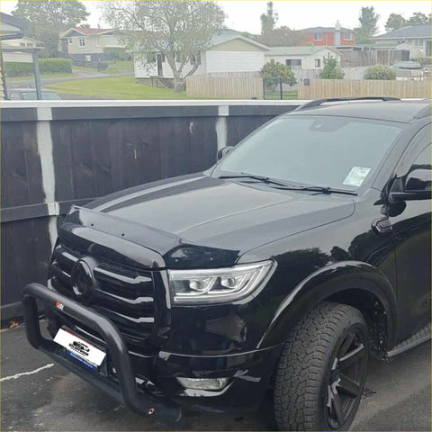 Black matte finish GWM Cannon 2019+ pickup with rugged bonnet guard protector stone guard and sleek LED headlights