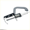 Black and silver digital caliper with curved frame and stainless steel jaws measuring bonnet hinge for Mazda B Series Bravo