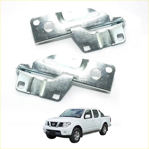 Silver metallic bonnet hinge brackets for nissan navara d40 pickup trucks 2005-2021 shown from back side
