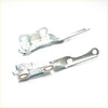 Silver metal bonnet hinge set for Toyota Hilux 1988-2005 with sleek design and circular mounting holes