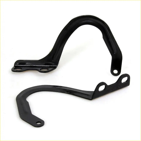 Black metal bonnet hinge brackets with glossy finish and mounting holes for toyota hilux 1985-1997