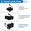 Black plastic bonnet latch assembly with integrated wiring for toyota land cruiser 2016-2020 shown from back side