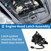 Black plastic bonnet latch assembly for toyota sienna 2011-2020 with coiled spring and electrical connector backside view