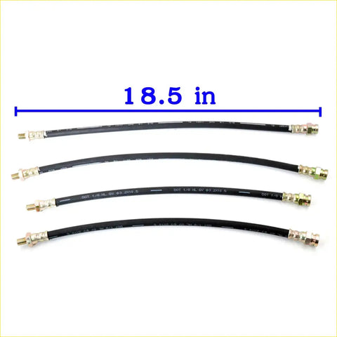 Four black brake hoses with gold metal fittings and white text for nissan datsun 521 ute 1968-1973