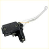 Black and chrome brake master cylinder lever assembly with warning label for suzuki ozark 250 rear view