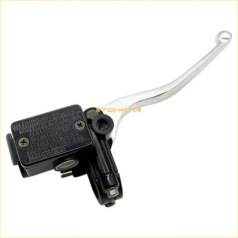 Black and chrome brake master cylinder lever assembly with warning label for suzuki ozark 250 rear view