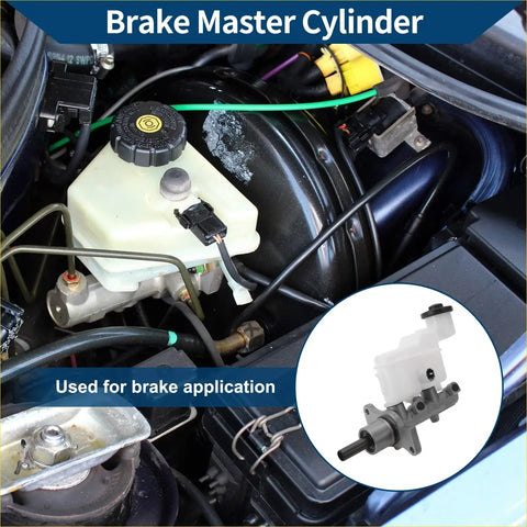 White plastic brake master cylinder with black cap and metal fittings for toyota hilux 2005-2015 shown in engine bay with inset product image