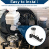 Black and white brake master cylinder with plastic reservoir cap for Toyota pickup 1979-1985 shown from back side