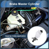 White plastic brake master cylinder with black cap and metal fittings installed in 2019-2023 toyota avalon engine bay