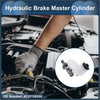 White plastic reservoir with black and metallic gray hydraulic brake master cylinder for toyota avalon back view