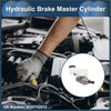 White plastic and metallic brake master cylinder with black cap for toyota echo 2000-2005 shown from back side