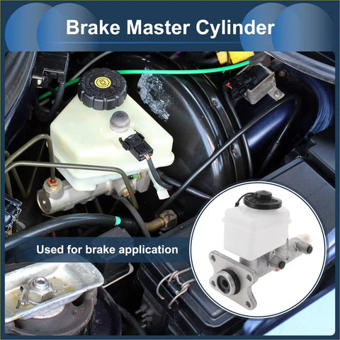 White plastic reservoir with black cap and metal bracket on brake master cylinder for toyota hilux 1988-1997