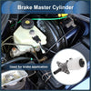 White plastic brake master cylinder with black cap and metal fittings installed in toyota land cruiser 3.0td engine bay