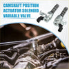 Silver camshaft position actuator solenoid valve with black plastic connectors and metallic housing for toyota tacoma