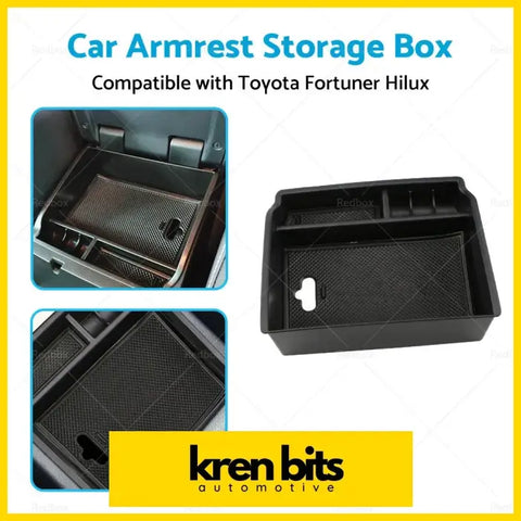 Black plastic car armrest storage box with textured interior and molded compartments for toyota center console