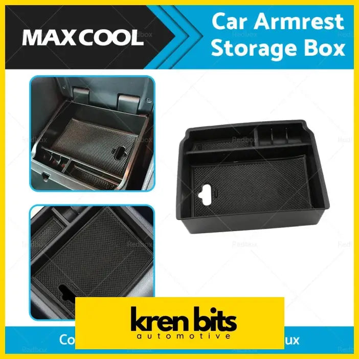 Black plastic car armrest storage box with textured interior and molded compartments for toyota center console