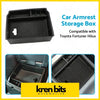 Black plastic car armrest storage box with textured interior and phone cutout for toyota center console tray
