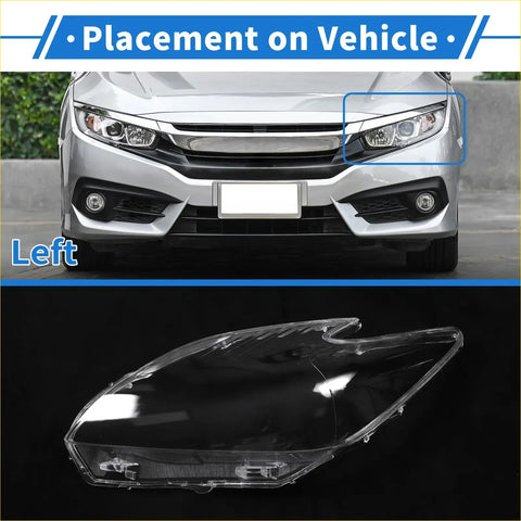 Clear plastic front left headlight lens cover designed for a silver honda civic shown with toyota prius 2010-2012 title