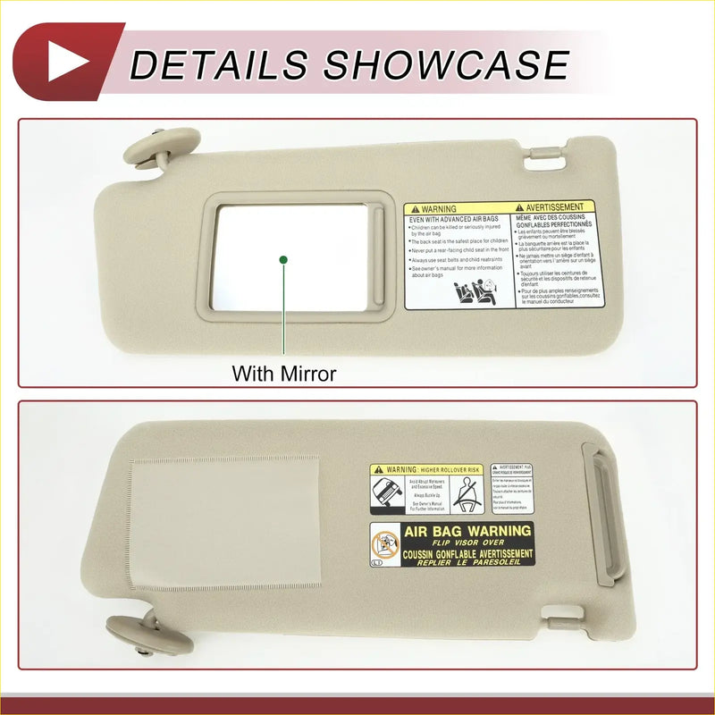 Beige plastic car sun visor with built-in mirror and warning labels for toyota tacoma 2005-2011 driver side
