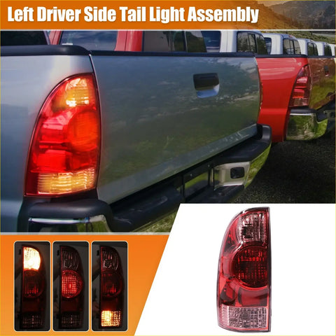 Red and amber lensed car tail light assembly for toyota tacoma 2005-2015 rear brake lamp back side view