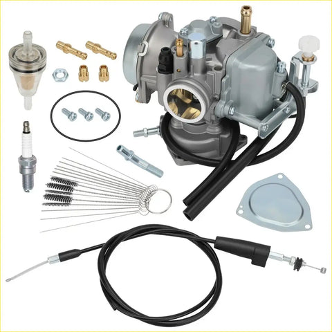 Gray metallic carburetor with brass fittings and black hoses for Suzuki Ozark 250 with throttle cable and fuel filter