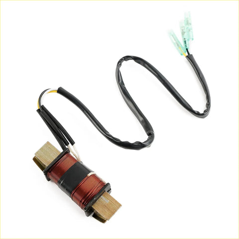 Charger coil 3p0-06023-0 for nissan tohatsu outboard with black wire, red copper coil, brass terminals, and green connector end